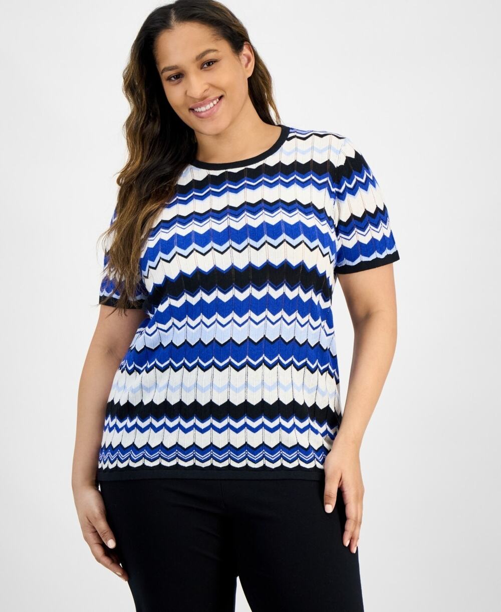 Anne Klein Plus Size Chevron-Knit Short-Sleeve Sweater Multi Size 2X 3746
